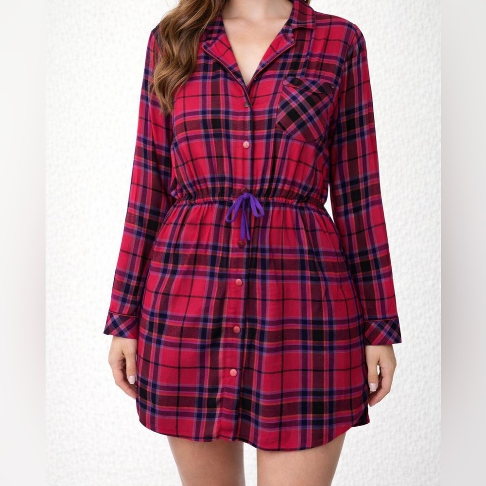 Victoria’s Secret Plaid Nightshirt Flannel Cinch Waist Sleep Shirt Red Size XL
